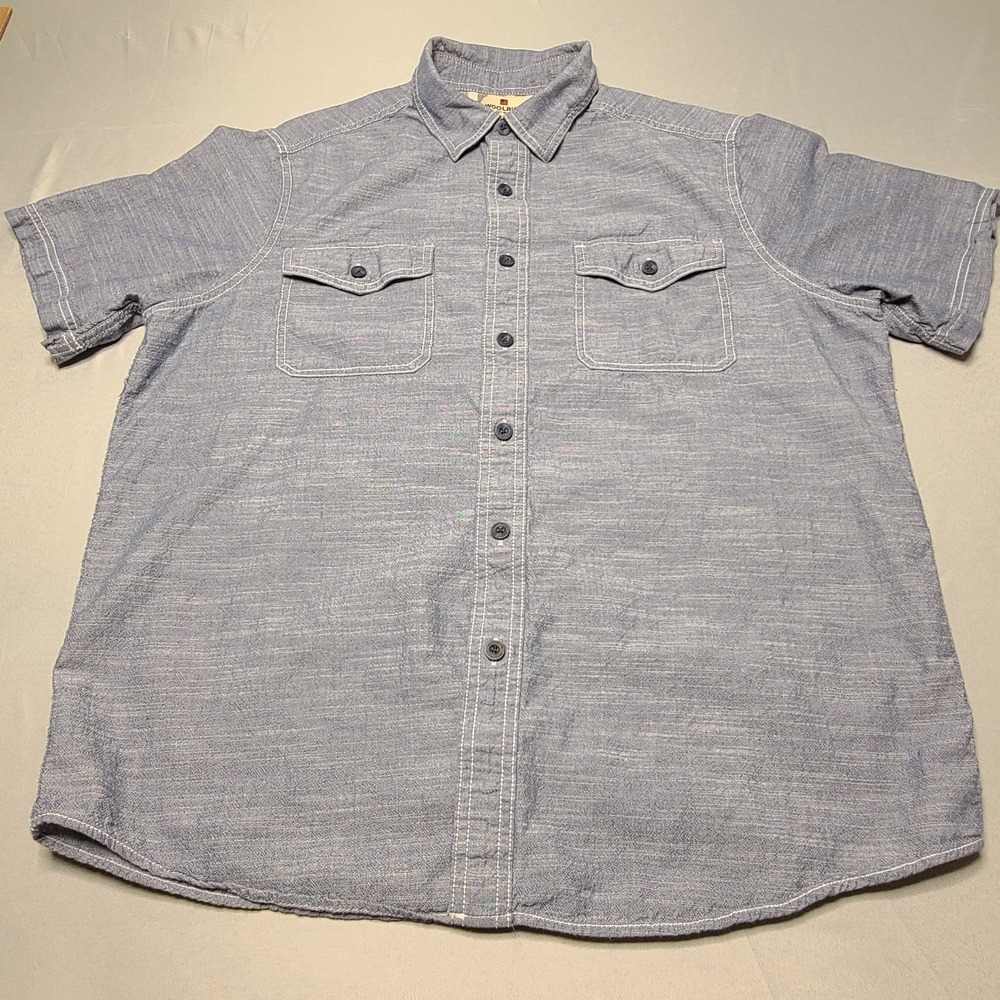 Woolrich Mens Button Up L Chambray Blue Short Sleeve Workwear Pockets Streetwear